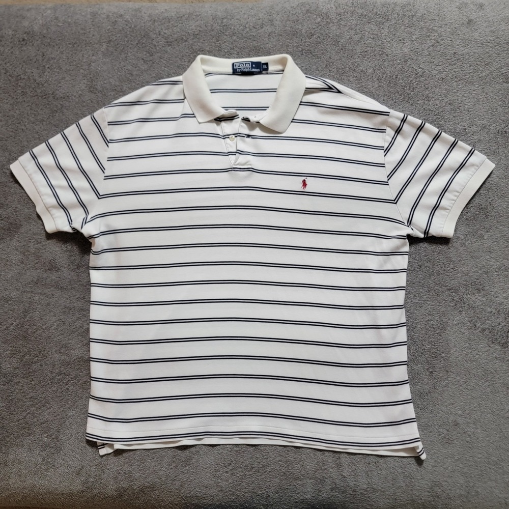 Vintage Polo By Ralph Lauren Men's White And Blue Striped Polo Shirt Size XL